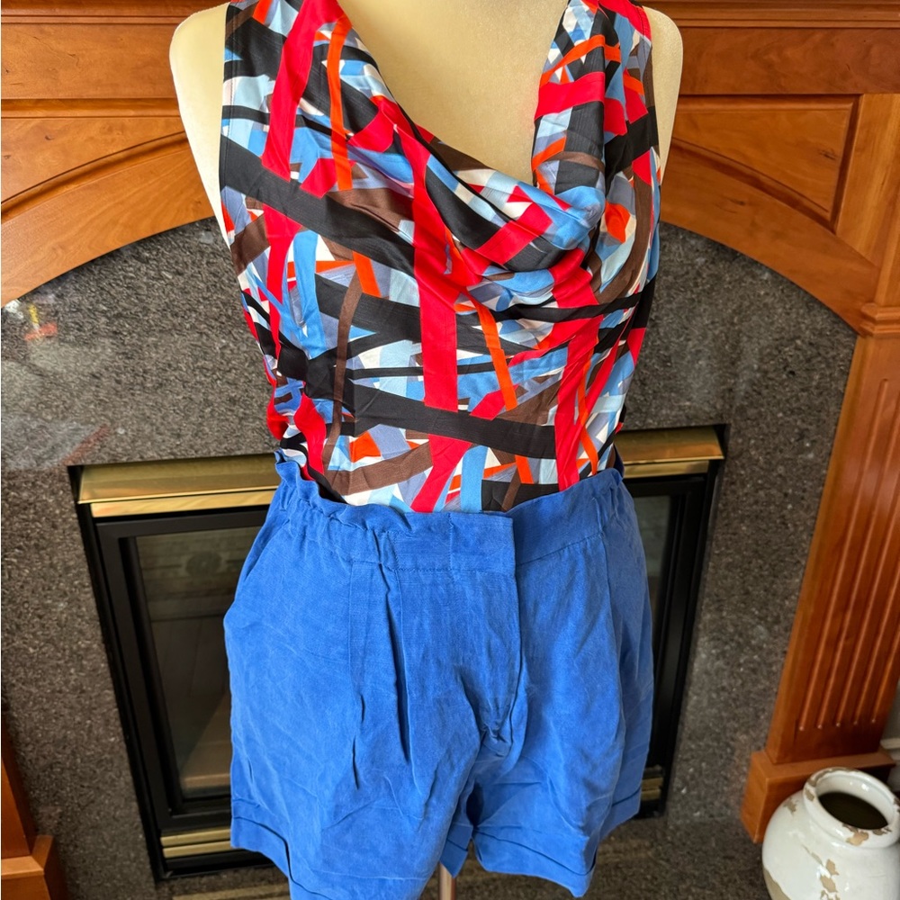 Chloe Kristyn Blue Shorts Paper Bag Waist Flat Front 100% Tencel NEW Sz X-Large - Picture 5 of 7